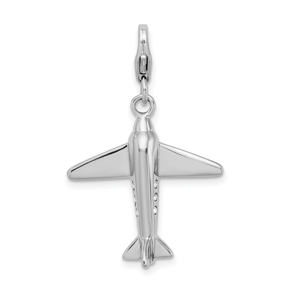 Carat in Karats Sterling Silver Polished Finish Rhodium-Plated 3-D Crystal Airplane Charm With Fancy Lobster Clasp Pendant (42mm x 22mm)