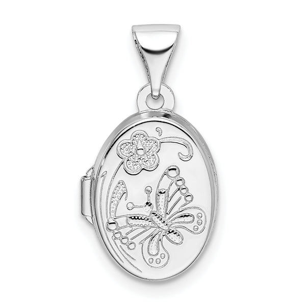 Carat in Karats Sterling Silver Polished Rhodium-Plated Floral Butterfly Oval Locket Charm Pendant (0.8 Inch x 0.43 Inch)