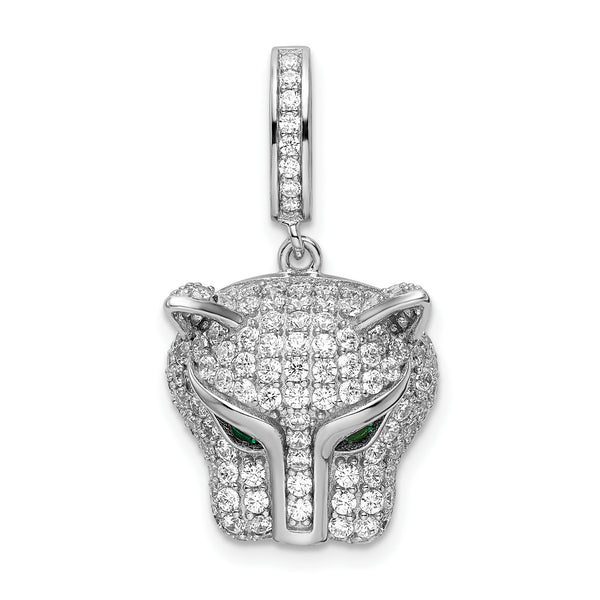 Carat in Karats Sterling Silver Polished Finish Rhodium-Plated Green CZ Panther Charm Pendant (25.6mm x 14.56mm)