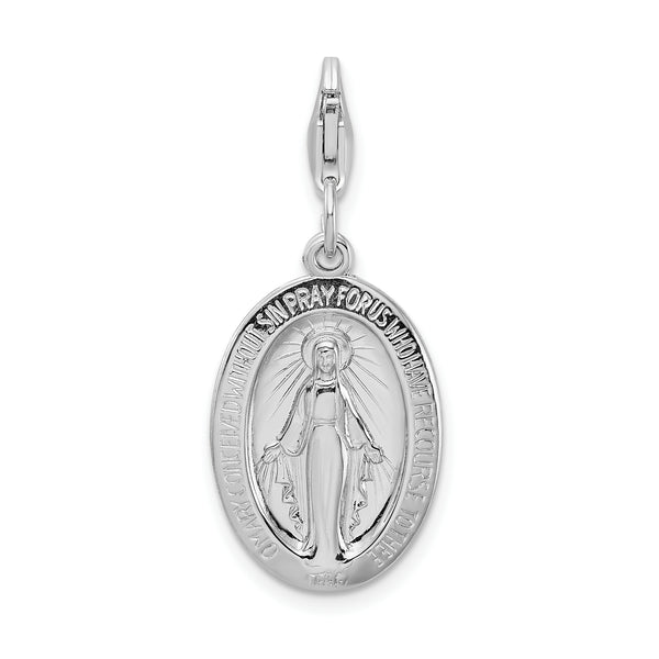 Carat in Karats Sterling Silver Polished Rhodium-Plated Miraculous Medal With Fancy Lobster Clasp Charm Pendant (1.57 Inch x 0.51 Inch)