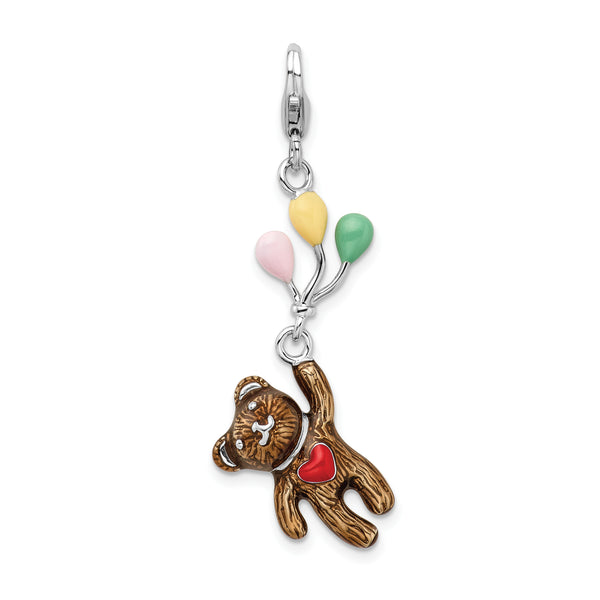 Carat in Karats Sterling Silver Polished Finish Rhodium-Plated 3-D Enameled Bear Holding Balloons Charm With Fancy Lobster Clasp Pendant (53mm x 15mm)