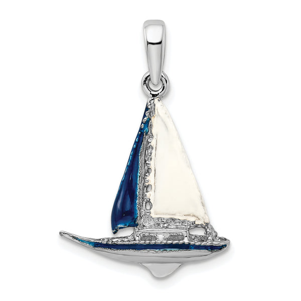 Carat in Karats Sterling Silver Polished Finish 3D Enameled Sailboat Charm Pendant (29.32mm)