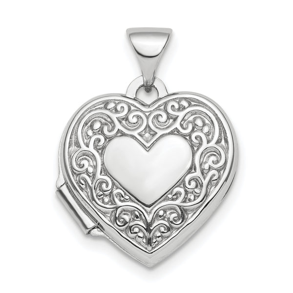 Carat in Karats Sterling Silver Polished Finish Rhodium-Plated Scroll Border Reversible Heart Locket Pendant (20.9mm x 15.55mm)