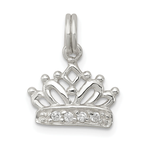 Carat in Karats Sterling Silver Polished Finish CZ Crown Charm Pendant (16mm x 13.5mm)