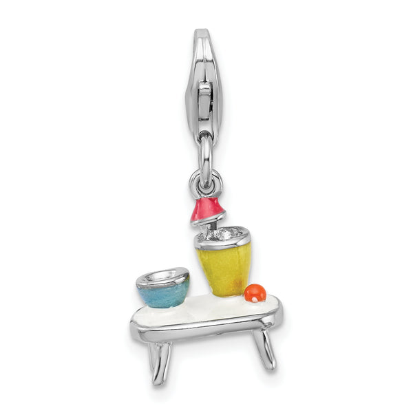 Carat in Karats Sterling Silver Polished Finish Rhodium-Plated 3-D Enameled Table And Bowls Charm With Fancy Lobster Clasp Pendant (18mm x 12mm)