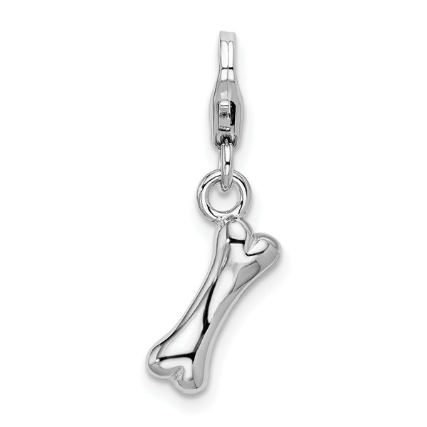 Carat in Karats Sterling Silver Polished Rhodium-Plated Dog Bone With Fancy Lobster Clasp Charm Pendant (1.29 Inch x 0.31 Inch)