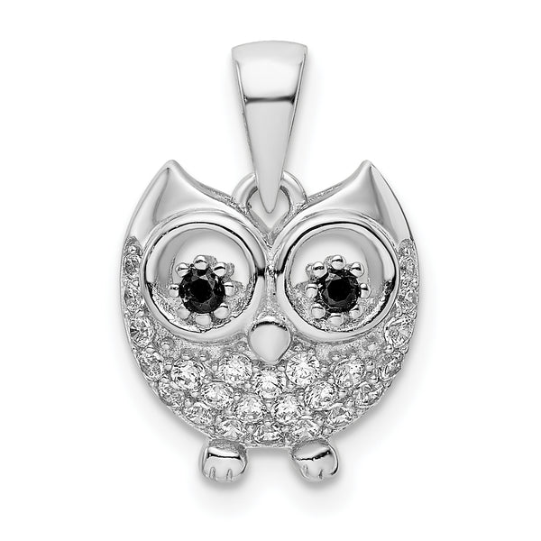 Carat in Karats Sterling Silver Polished Finish Rhodium-Plated Black CZ Owl Charm Pendant (18.92mm x 11.37mm)