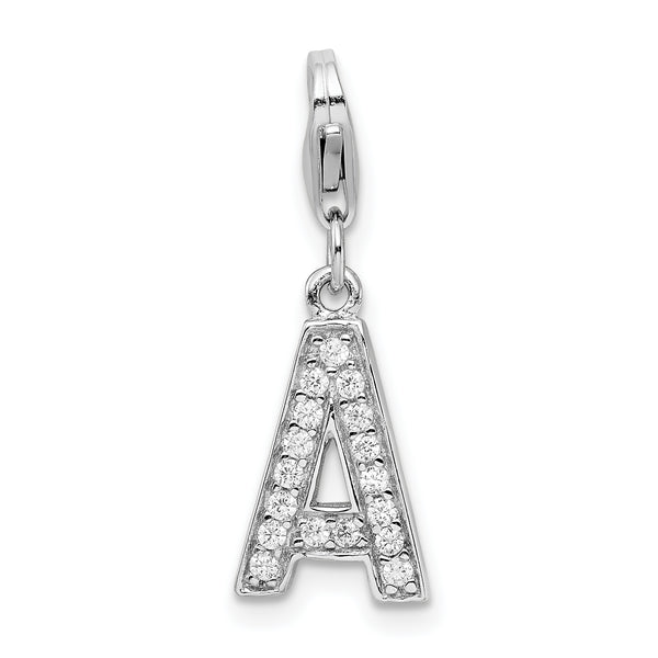 Carat in Karats Sterling Silver Polished Rhodium-Plated Cubic Zirconia Letter A Initial With Fancy Lobster Clasp Charm Pendant (1.29 Inch x 0.31 Inch)