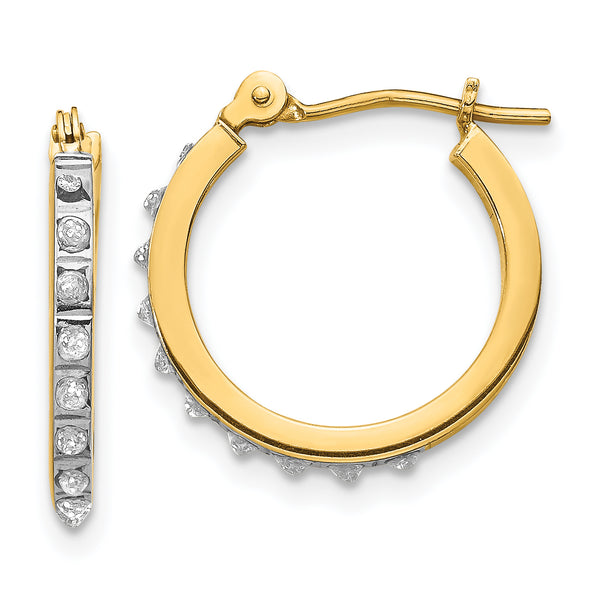 Carat in Karats 14K Yellow Gold Diamond Fascination Small Hinged Leverback Hoop Earrings (15mm x 1mm)