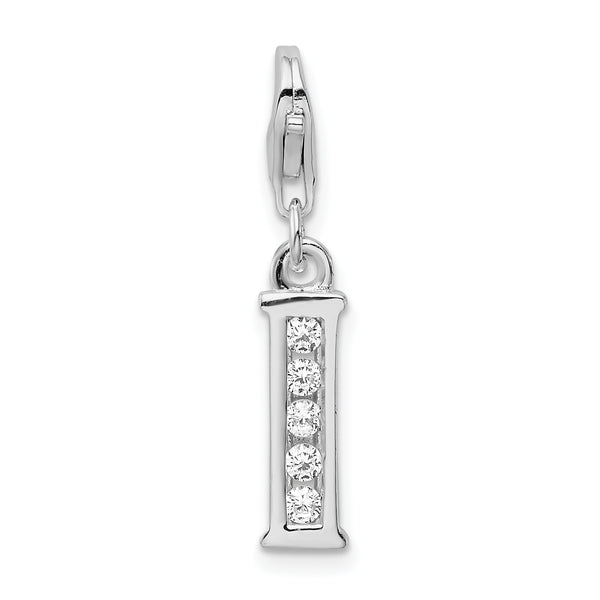 Carat in Karats Sterling Silver Polished Finish Rhodium-Plated CZ Letter I Initial Charm With Fancy Lobster Clasp Pendant (.5 In x 12mm)