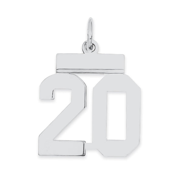 Carat in Karats Sterling Silver Polished Finish Rhodium-Plated Number 20 Charm Pendant (20mm x 8mm)