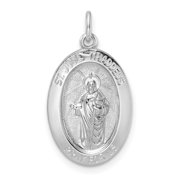 Carat in Karats Sterling Silver Polished Finish Rhodium-Plated Solid Saint Jude Charm Pendant (25.17mm x 13.5mm)