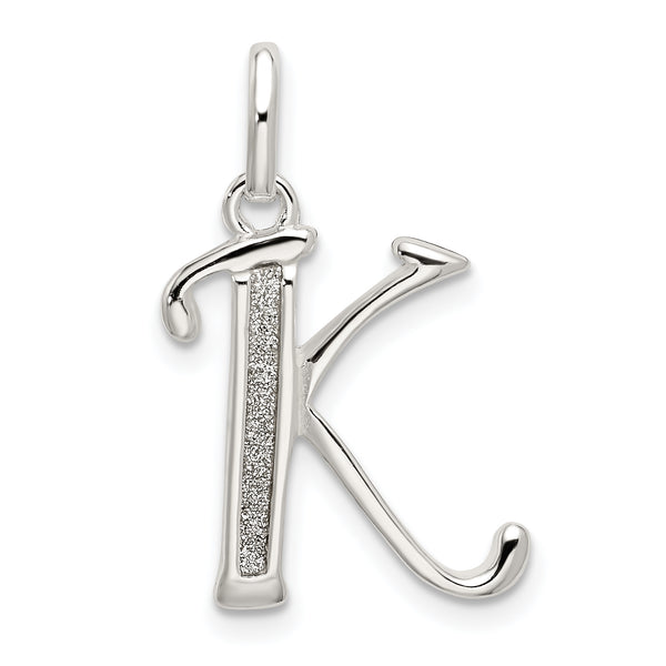 Carat in Karats Sterling Silver Polished Glitter Enamel Letter K Initial Charm Pendant (0.98 Inch x 0.59 Inch)