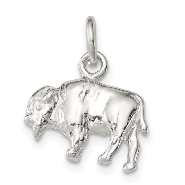 Carat in Karats Sterling Silver Polished Finish 3-D Buffalo Charm Pendant (14mm x 16mm)