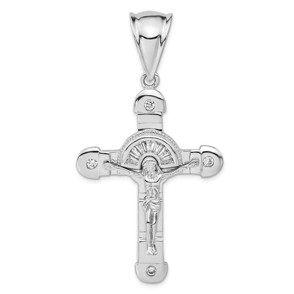 Quilates en quilates Plata de ley Acabado pulido CZ Crucifijo Charm Colgante (74 mm x 39 mm)