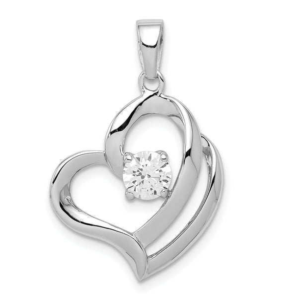 Carat in Karats Sterling Silver Polished Finish Rhodium-Plated CZ Heart Charm Pendant (22mm x 18mm)