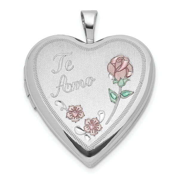 Carat in Karats Sterling Silver Polished Finish And Satin Enameled Roses Te Amo Heart Locket Pendant (25mm x 19.6mm)