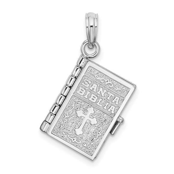 Quilate en quilates Plata de ley Acabado pulido Polaco Móvil 3D Español Santa Biblia Charm Colgante (25,63 mm x 15,98 mm)