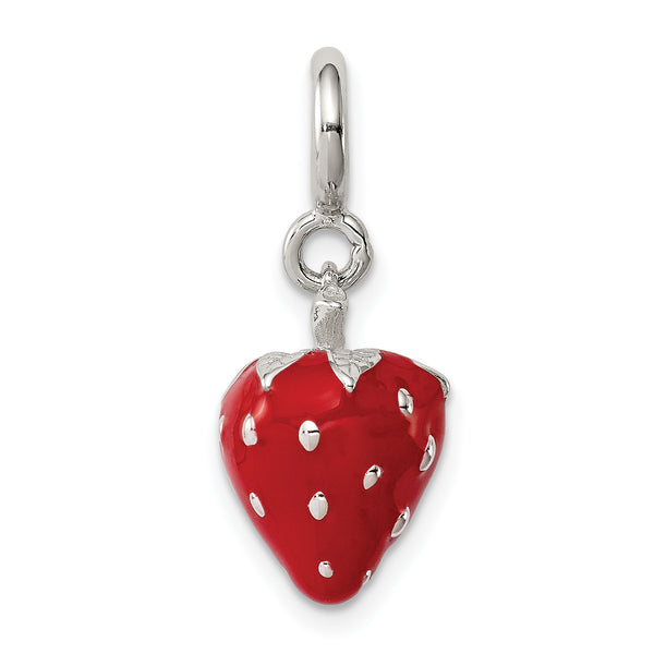 Carat in Karats Sterling Silver Polished Finish Rhodium-Plated Red Enameled Strawberry Charm Pendant (15mm x 10mm)