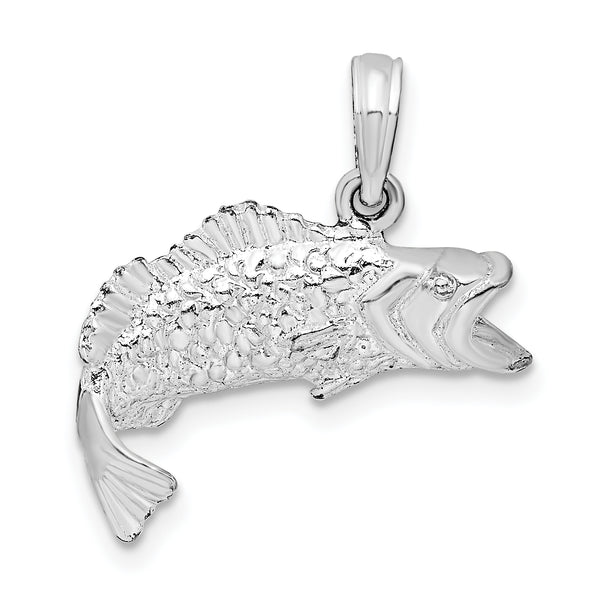 Carat in Karats Sterling Silver Polished Finish Bass Fish Curved Tail Charm Pendant (20.5mm x 19mm)