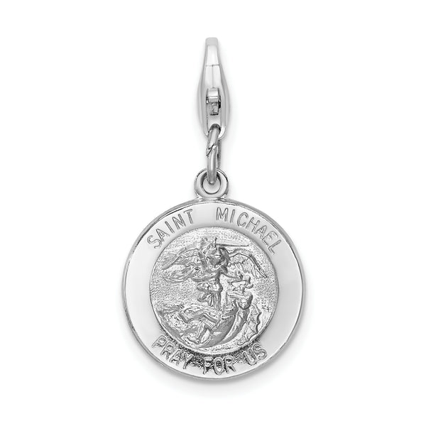 Carat in Karats Sterling Silver Polished Finish Rhodium-Plated Saint Michael Medal Charm With Fancy Lobster Clasp Pendant (36mm x 14mm)