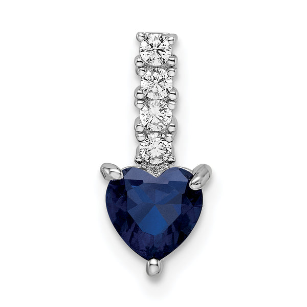 Carat in Karats Sterling Silver Polished Rhodium-Plated Lab-Grown Blue Spinel And Cubic Zirconia Heart Charm Pendant (0.61 Inch x 0.27 Inch)