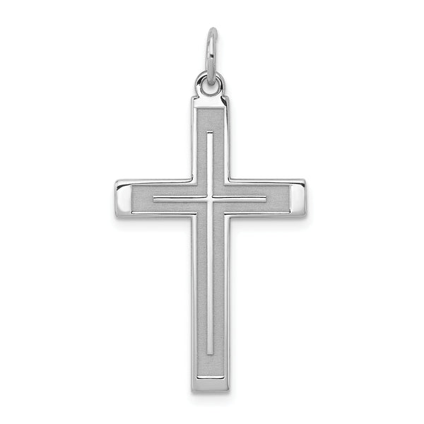 Carat in Karats Sterling Silver Rhodium-Plated Laser Designed Cross Charm Pendant (33mm x 8mm)