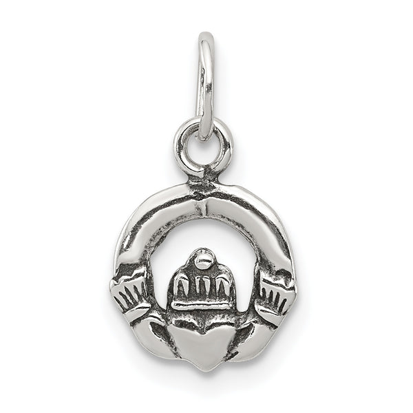 Carat in Karats Sterling Silver Antiqued Mini Antiqued Claddagh Charm Pendant (0.47 Inch x 0.39 Inch)