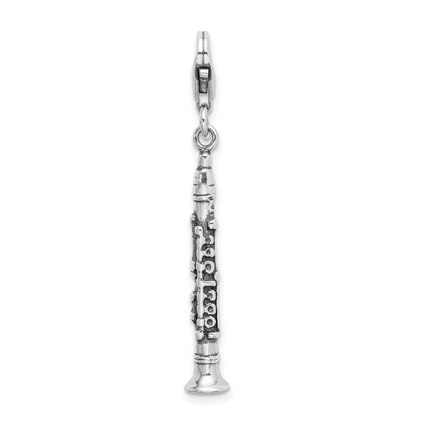 Carat in Karats Sterling Silver Antiqued Rhodium-Plated 3-D Antiqued Clarinet With Fancy Lobster Clasp Charm Pendant (1.81 Inch x 0.19 Inch)