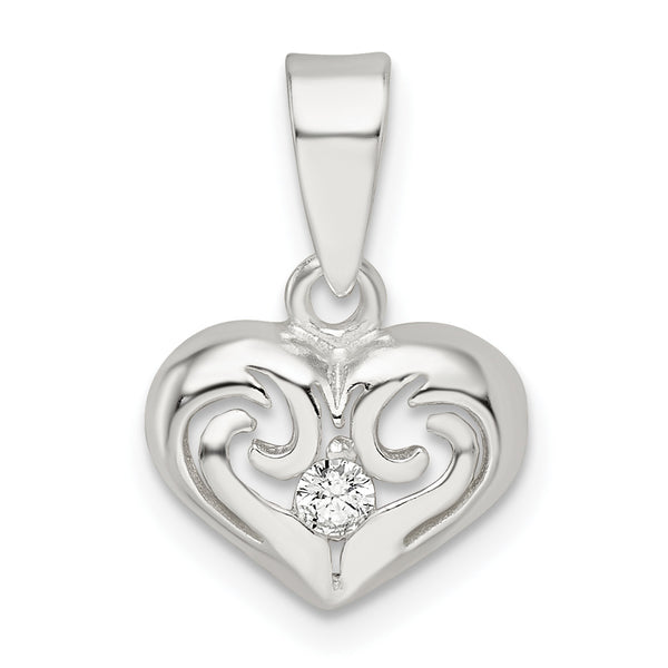 Carat in Karats Sterling Silver Polished Filigree Heart Cubic Zirconia Charm Pendant (0.64 Inch x 0.47 Inch)