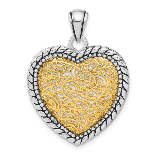 Carat in Karats Sterling Silver Polished Antiqued Finish Antiqued Gold -Tone Vermeil Heart Charm Pendant (36.8mm x 27.45mm)