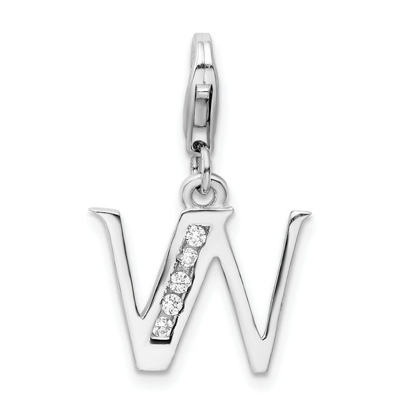 Carat in Karats Sterling Silver Polished Finish Rhodium-Plated CZ Letter W Initial Charm With Fancy Lobster Clasp Pendant (.5 In x 12mm)