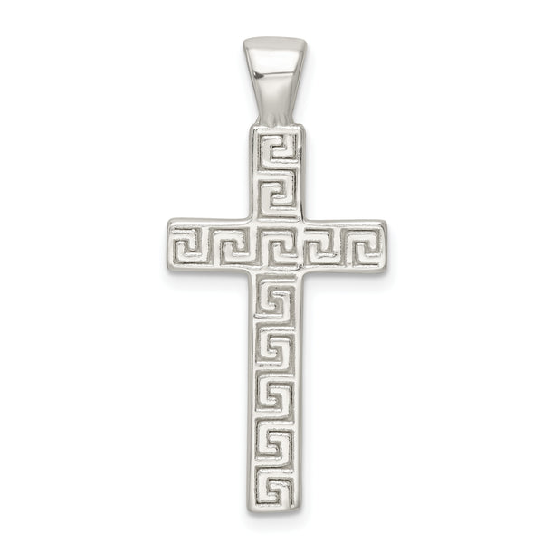 Carat in Karats Sterling Silver Polished Greek Key Hollow Latin Cross Charm Pendant (1.42 Inch x 0.66 Inch)