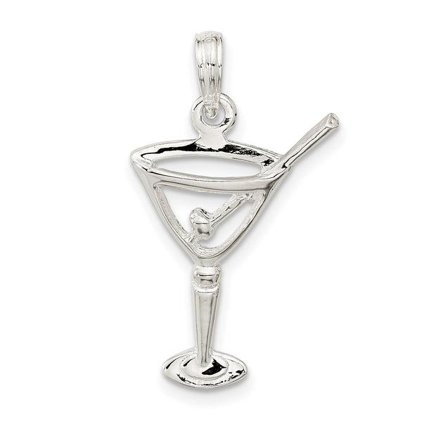 Carat in Karats Sterling Silver Polished Finish Cut-Out Martini With Olive Charm Pendant (26mm x 15mm)