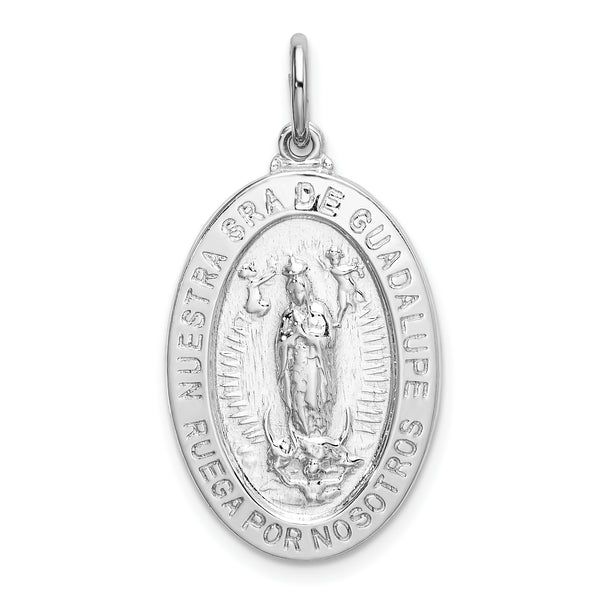 Quilate en quilates Plata de ley Acabado pulido Rodio plateado Medalla de la Virgen de Guadalupe Colgante con amuleto (33,5 mm x 16 mm)