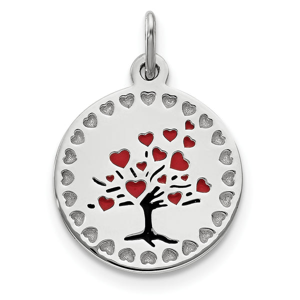 Carat in Karats Sterling Silver Polished Rhodium-Plated Enameled Red Hearts Tree Circle Charm Pendant (0.78 Inch x 0.49 Inch)