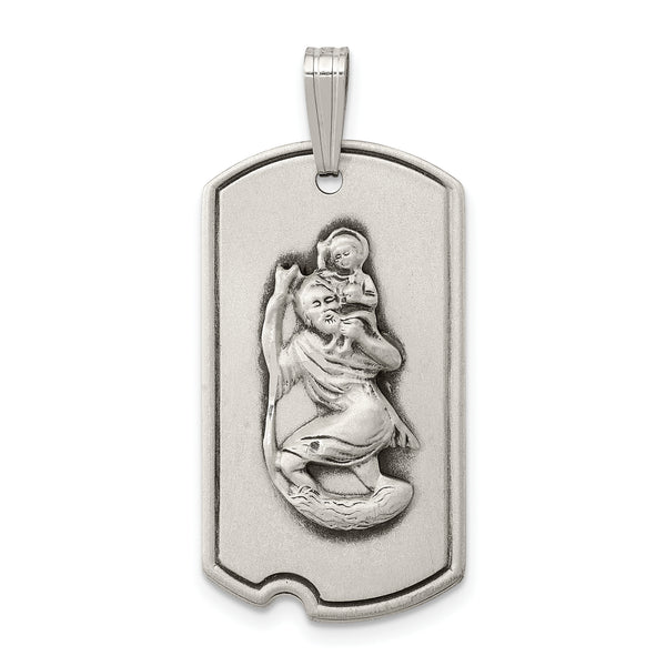 Carat in Karats Sterling Silver Antiqued Satin Antiqued St. Christopher Dog Tag Charm Pendant (36mm x 16mm)