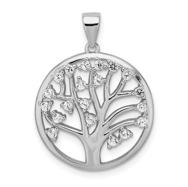 Carat in Karats Sterling Silver Polished Finish Rhodium-Plated Created Sapphire Tree Of Life Charm Pendant (28.2mm x 21.1mm)