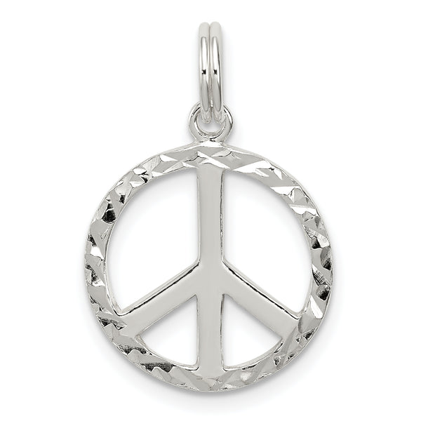 Carat in Karats Sterling Silver Polished Finish Diamond-Cut Peace Symbol Charm Pendant (23mm x 15mm)