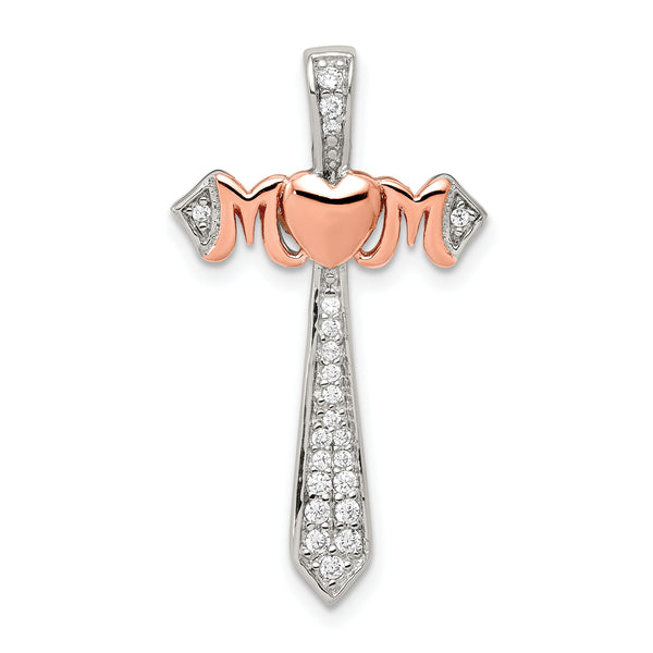 Sterling Silver Two-Tone Polished Rose Mom CZ Cross Pendant