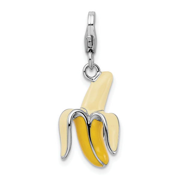 Carat in Karats Sterling Silver Polished Finish Rhodium-Plated 3-D Enameled Peeled Banana Charm With Fancy Lobster Clasp Pendant (40mm x 12mm)