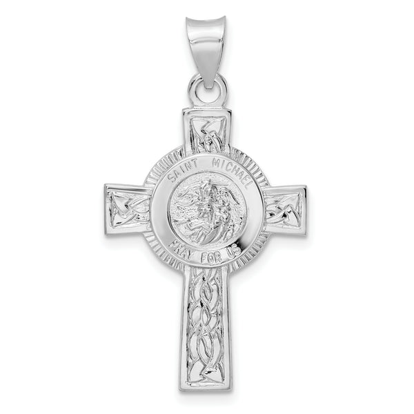 Carat in Karats Sterling Silver Polished Finish Rhodium-Plated Solid St Michael Cross Charm Pendant (39.16mm x 20.86mm)