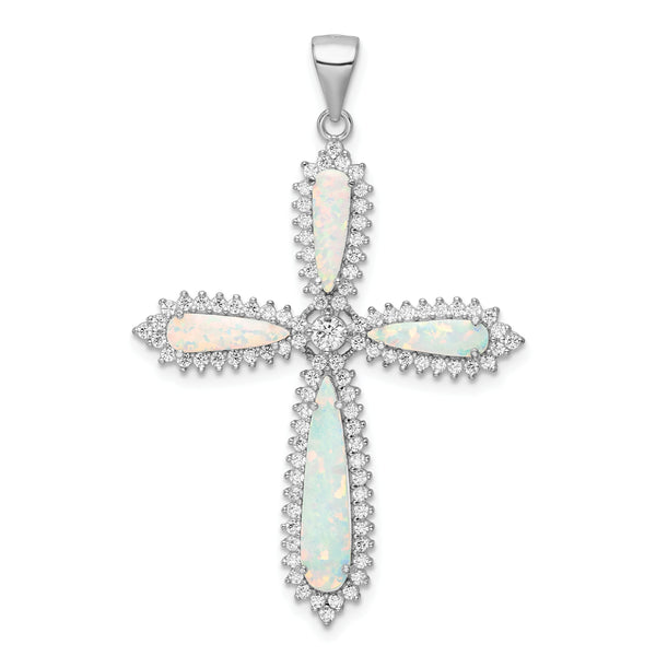 Carat in Karats Sterling Silver Polished Finish Rhodium-Plated Created Opal CZ Border Cross Charm Pendant (48.93mm x 32.24mm)