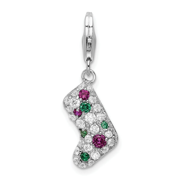 Carat in Karats Sterling Silver Polished Finish Rhodium-Plated Green Red And CZ Stocking Charm With Fancy Lobster Clasp Pendant (37mm x 10mm)