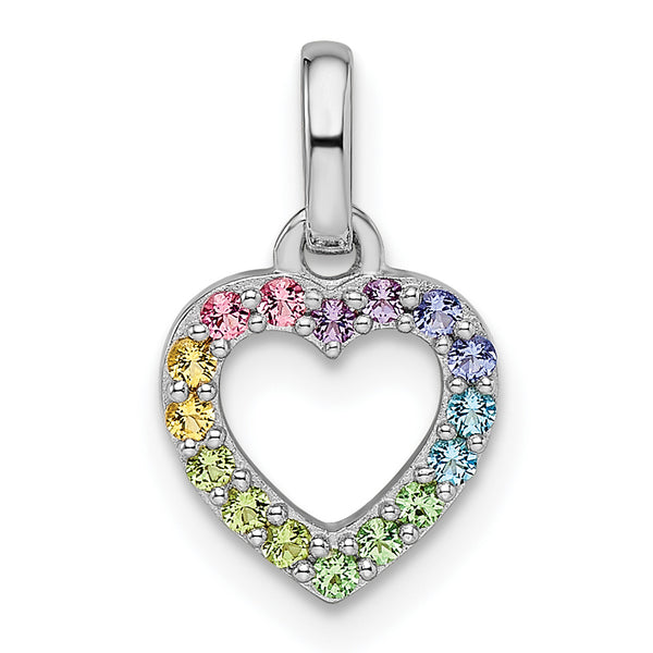 Carat in Karats Sterling Silver Polished Rhodium-Plated Rainbow Nano Crystal Heart Charm Pendant (0.57 Inch x 0.34 Inch)