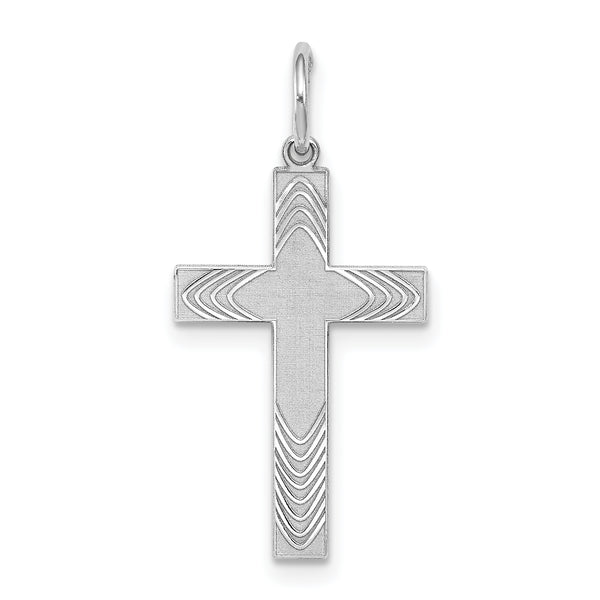 Quilates en quilates Plata de ley rodiada con diseño láser Colgante de amuleto de cruz (25 mm x 12 mm)