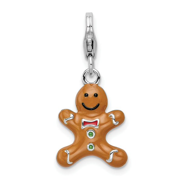 Carat in Karats Sterling Silver Polished Finish Rhodium-Plated 3-D Enameled Gingerbread Cookie Charm With Fancy Lobster Clasp Pendant (35mm x 12mm)