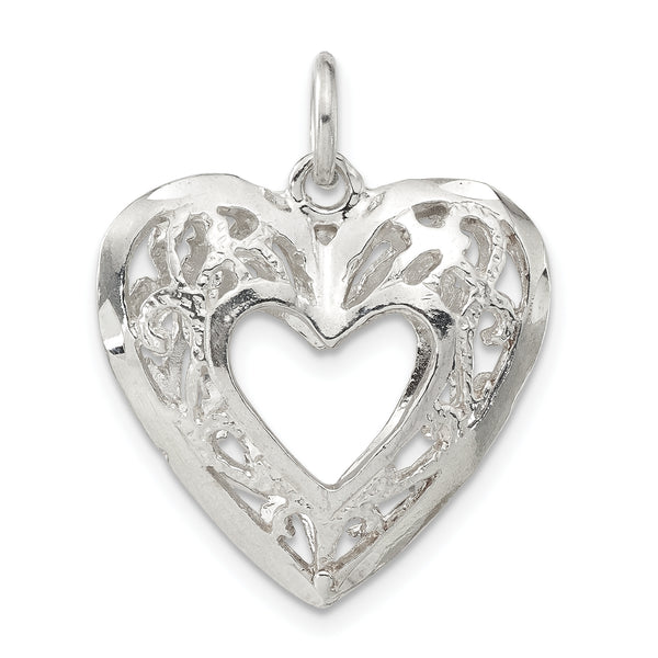 Carat in Karats Sterling Silver Polished Finish Filigree Heart Charm Pendant (25mm x 20.9mm)