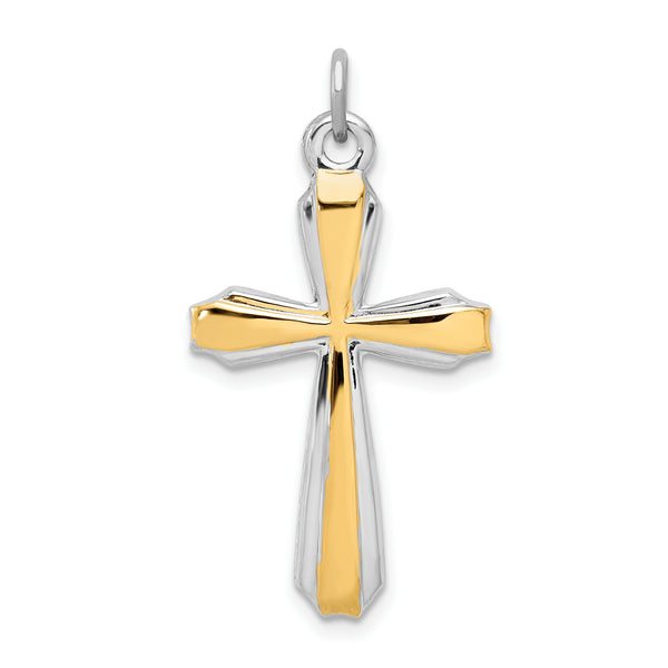 Carat in Karats Sterling Silver Polished Finish Rhodium-Plated 18K Gold Cross Charm Pendant (29mm x 17mm)