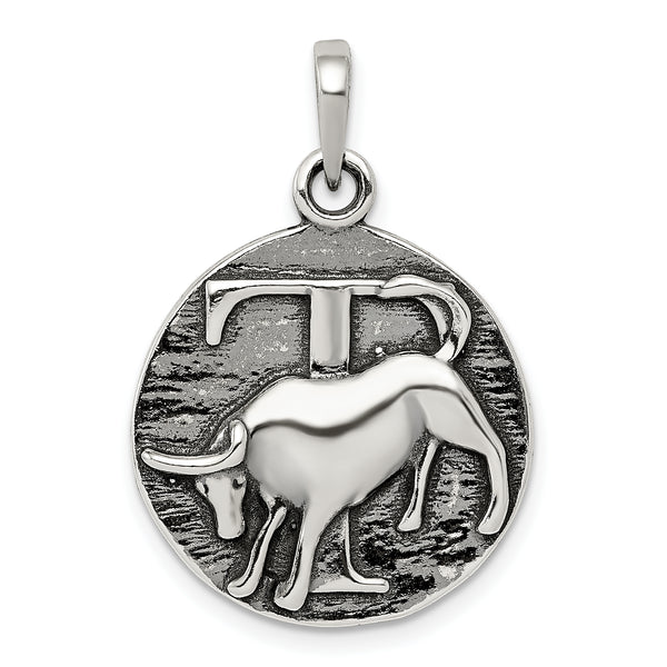 Carat in Karats Sterling Silver Polished Antique Finish Taurus Horoscope Zodiac Charm Pendant (1.14 Inch x 0.74 Inch)